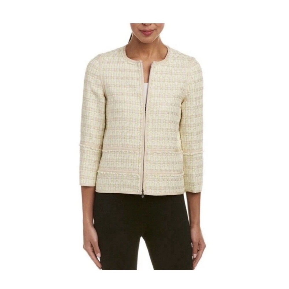 Lafayette 148 New York Ivory Like Green Tweed Zip Up Jacket Sz L
